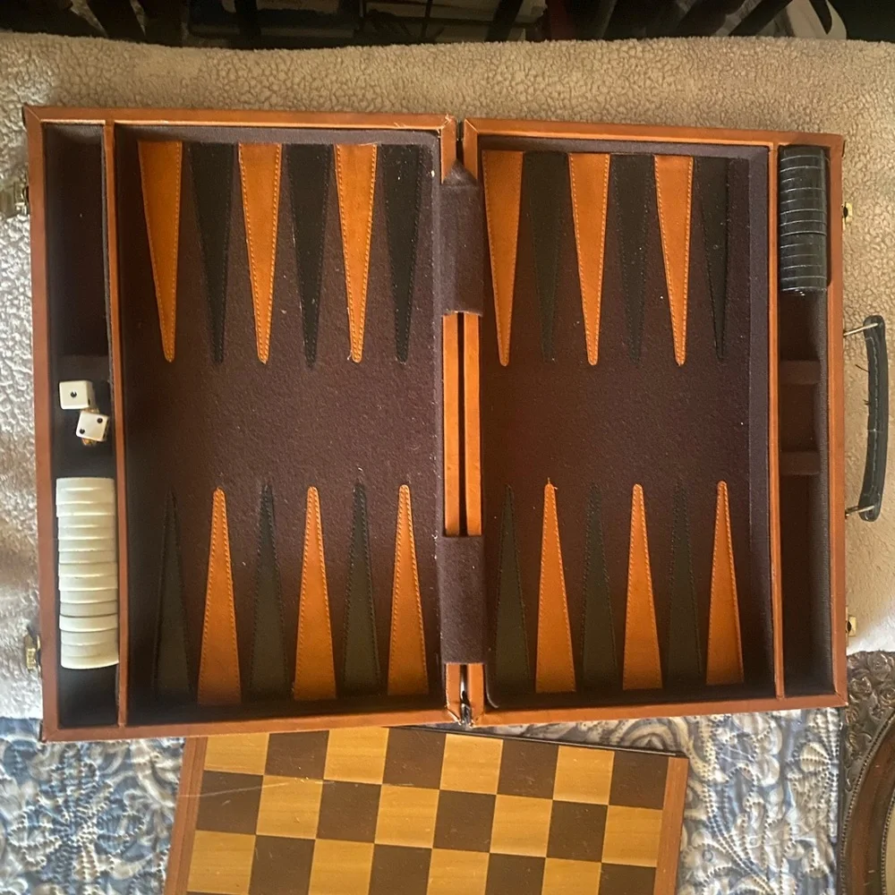 Vintage Faux leather briefcase style portable backgammon set, checkers.